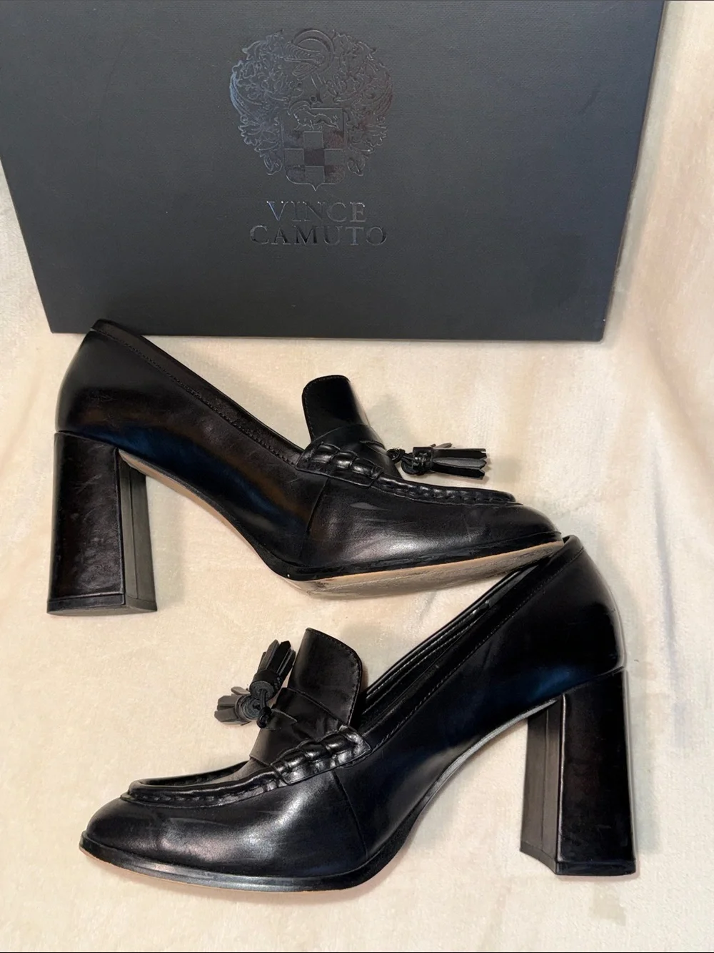 Vince Camuto Chelivia Black Leather Tassel Block-Heel Loafers, Size 9